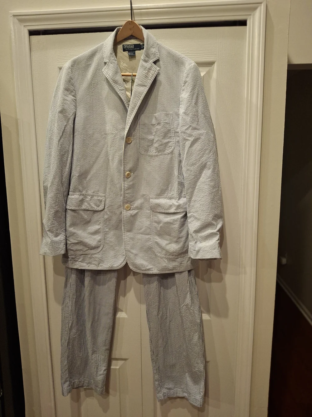 Polo by Ralph Lauren  Blue & White Striped Seersucker Blazer and Pant Set